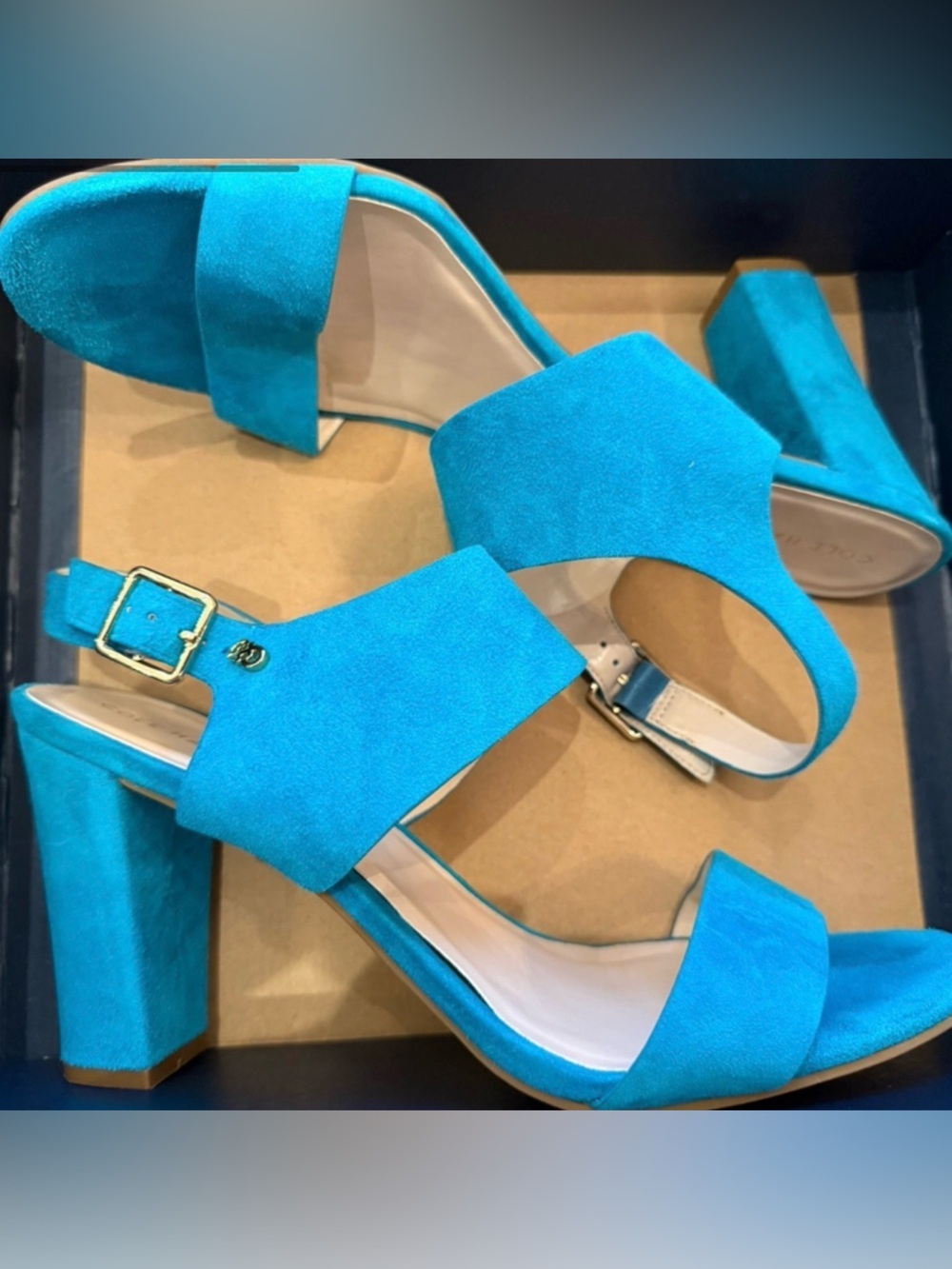 Cole Haan Bright Blue Suede Block Heel Sandals Size 10 Ankle Strap Statement